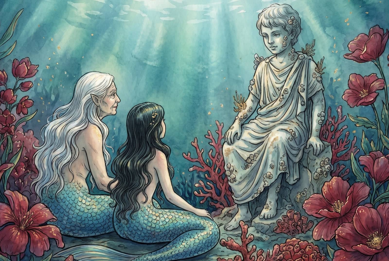 Uma sereia de cabelos brancos e uma menina sereia de cabelos escuros sentam-se entre flores vermelhas e corais, diante da estátua de mármore de um menino.