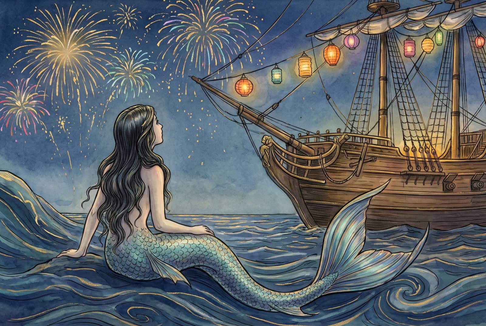 Sentada numa onda, a sereia olha os fogos de artifício sobre um veleiro de madeira enfeitado com lanternas coloridas na noite azul.