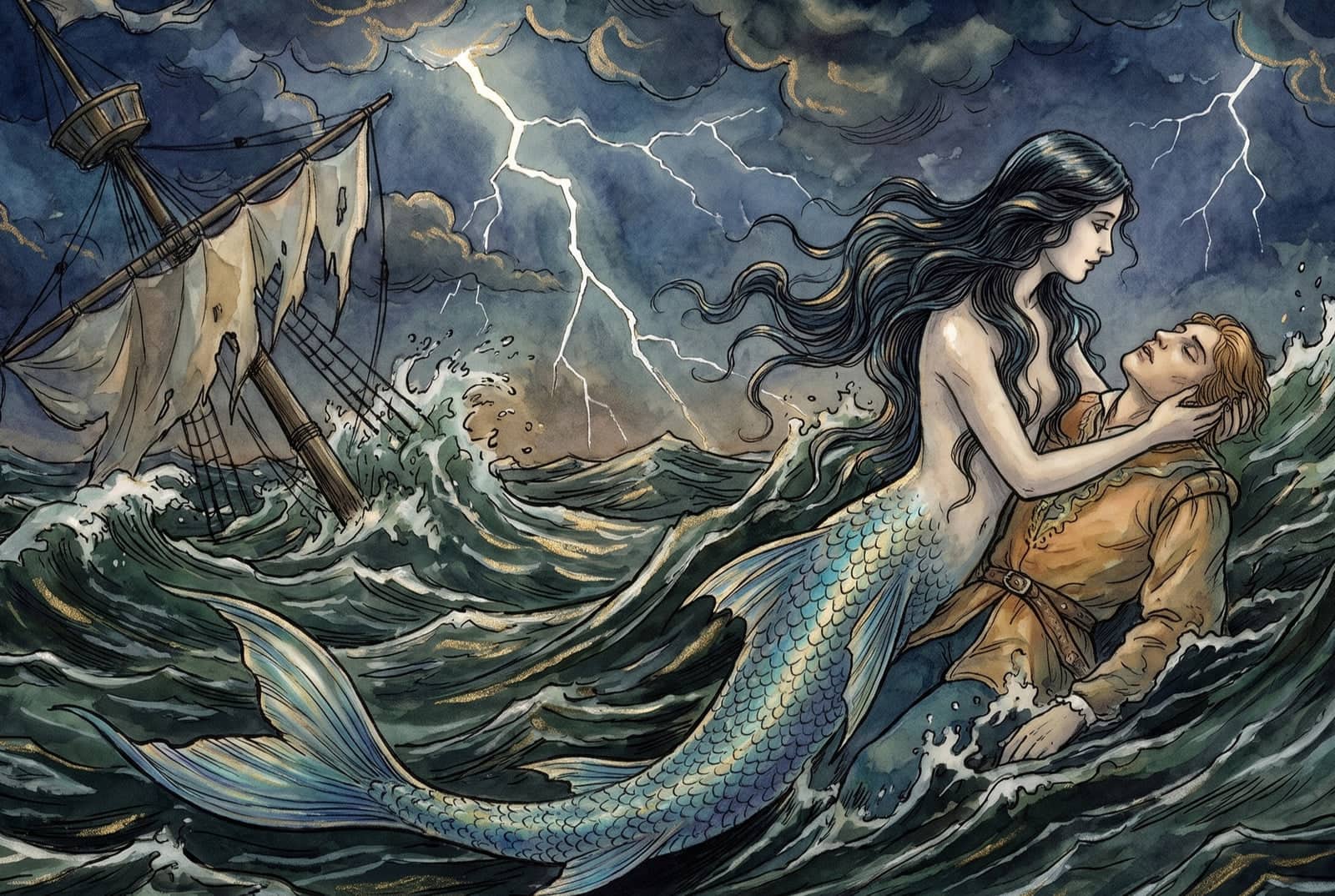 No mar revolto, sob relâmpagos, a sereia sustenta acima da água a cabeça de um rapaz desacordado; ao fundo, o navio tomba com as velas rasgadas.