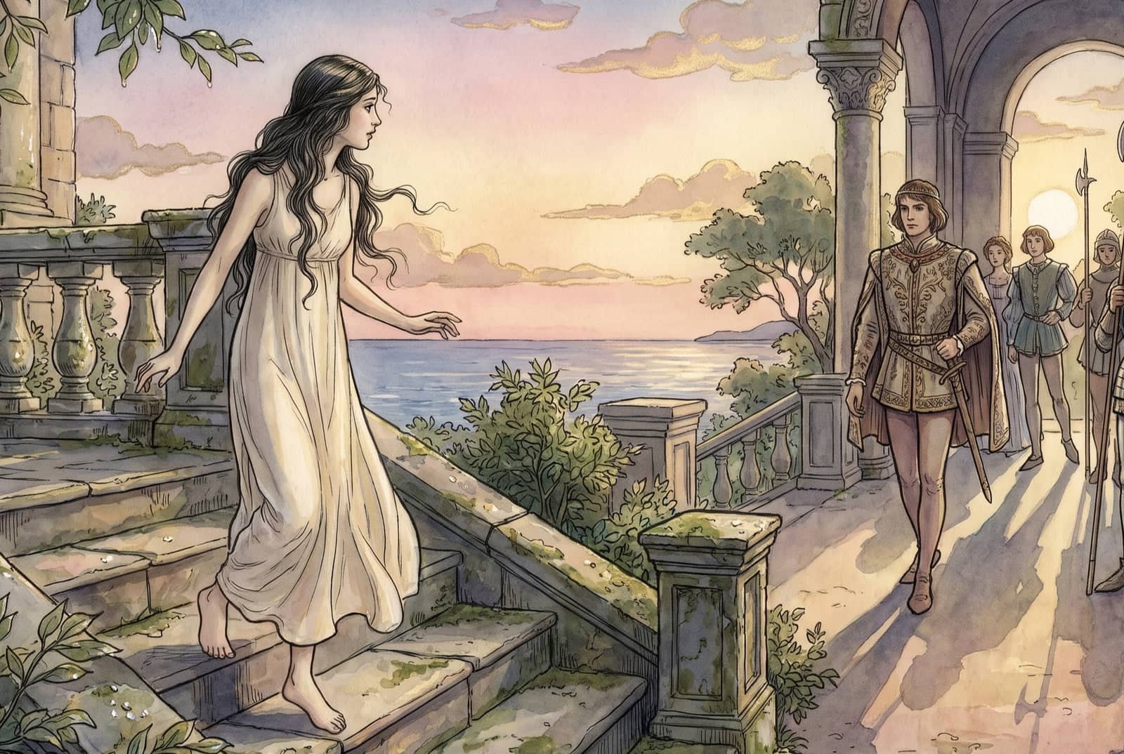 Descalça e de vestido claro, a moça está na escadaria de mármore à beira-mar ao amanhecer, e o príncipe se aproxima com seus acompanhantes.