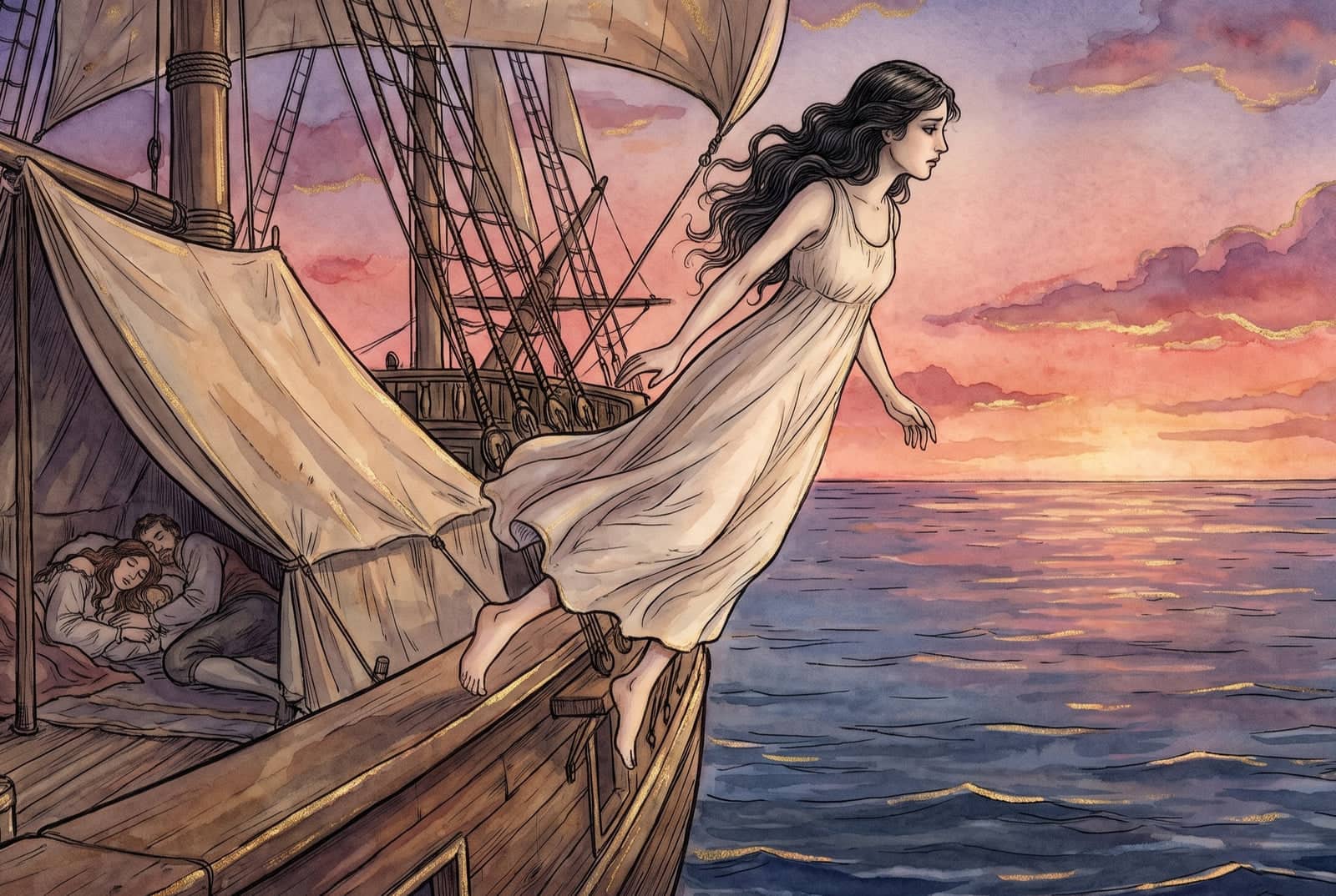 De vestido claro, a moça se lança da amurada do navio para o mar cor-de-rosa da aurora; atrás, sob a tenda, o casal dorme abraçado.