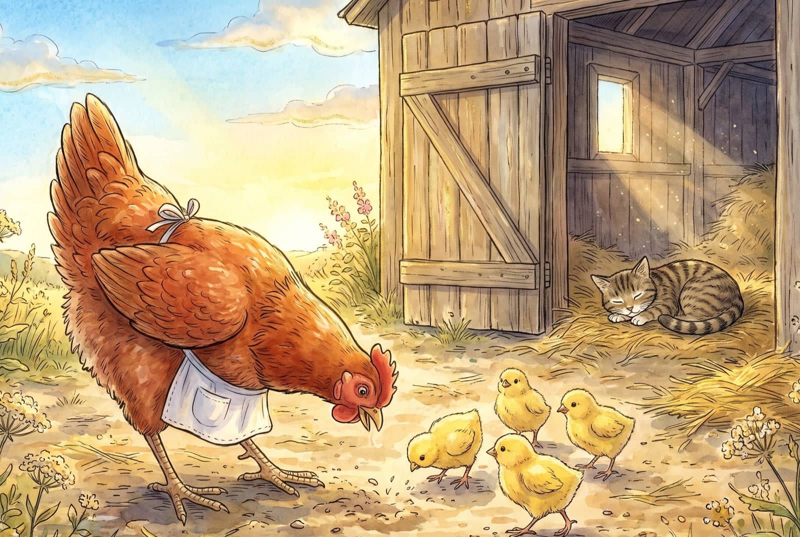 A russet hen in a white apron pecks at the barnyard dirt while four yellow chicks peck beside her; a tabby cat sleeps on straw in the open barn doorway.