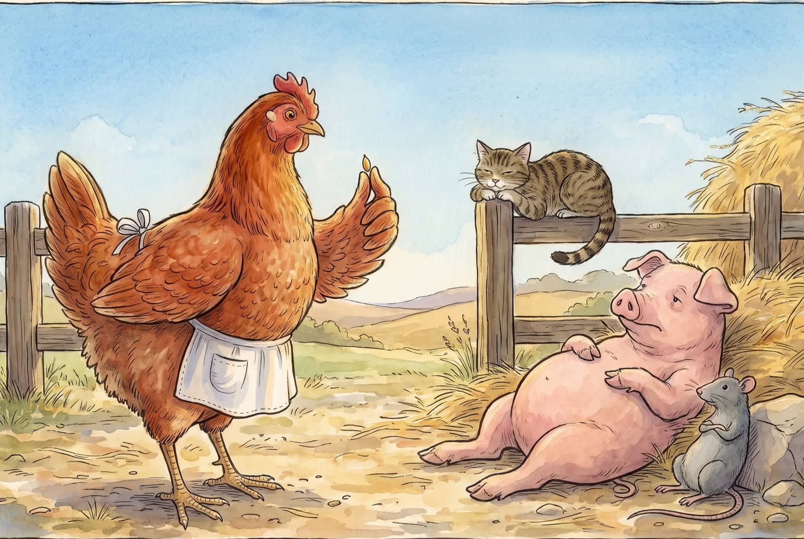 The hen holds a single gold grain at her wingtip while a cat dozes on the fence rail and a fat pink pig lies back in the straw beside a grey rat.