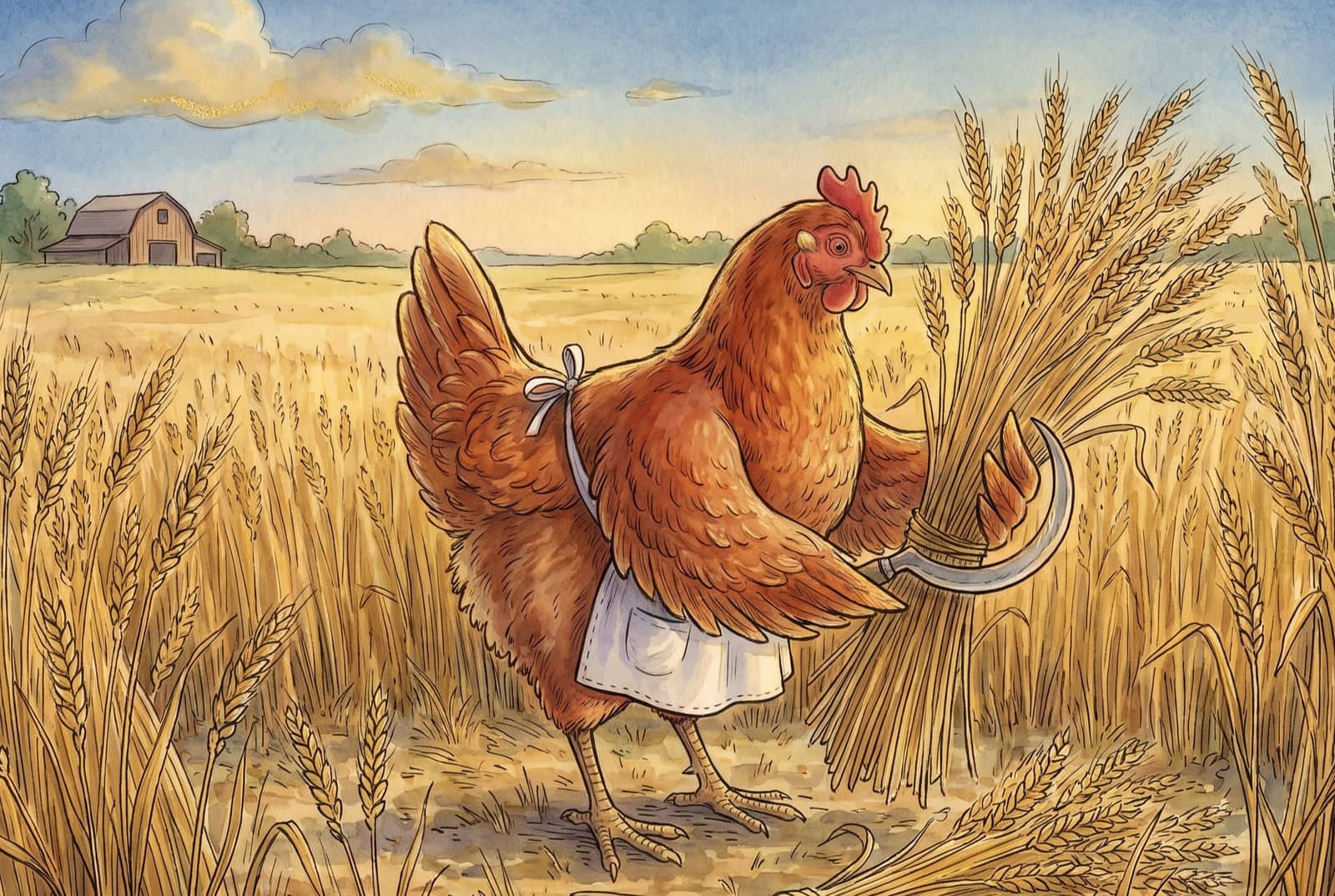 The hen stands in a field of tall ripe wheat, a curved sickle in one wing and a bundle of cut stalks under the other; a barn sits far off across the field.