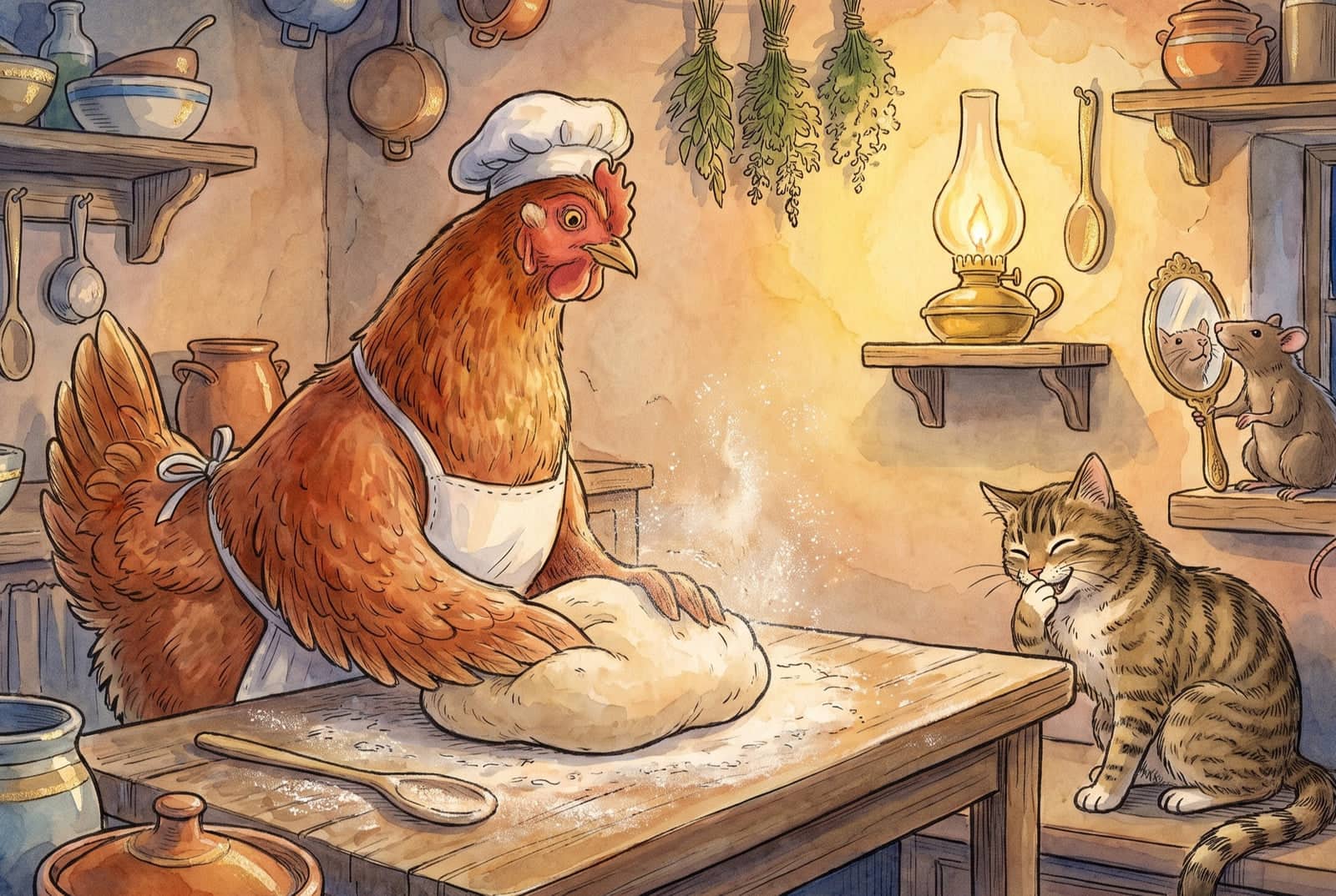The hen in a cook’s cap kneads dough on a floured table by lamplight; a tabby cat giggles behind a paw and a rat on a shelf admires himself in a hand mirror.