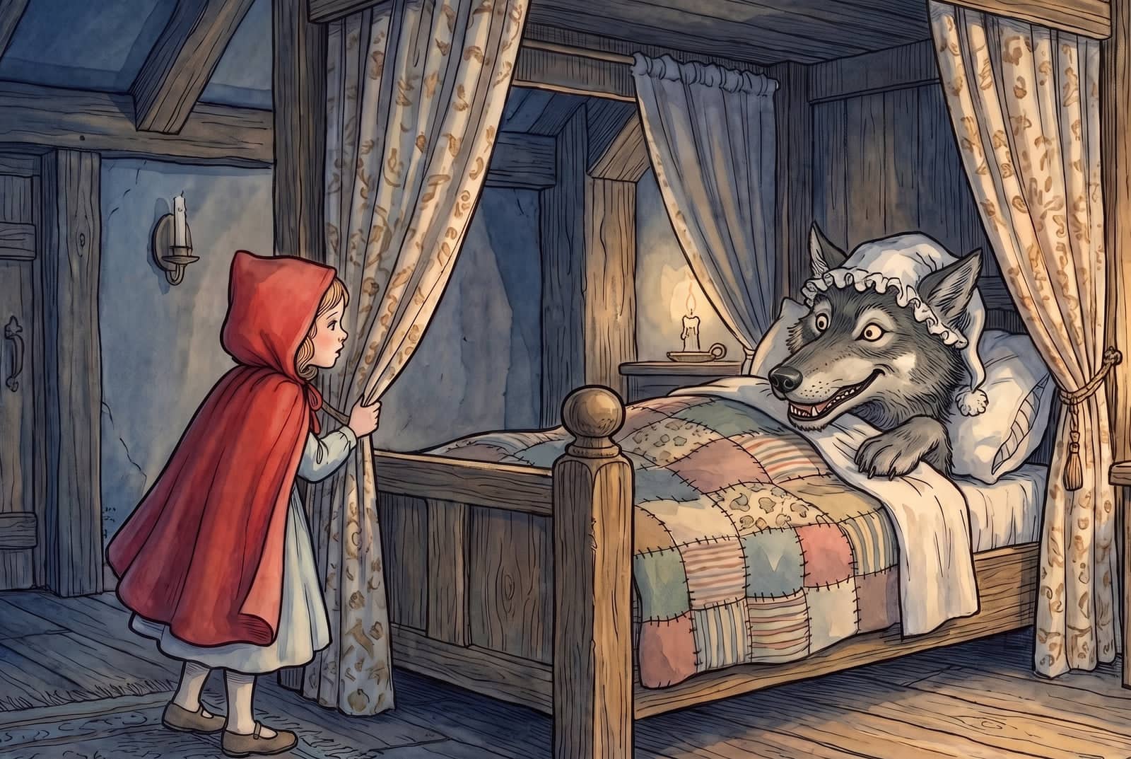 A girl in a red hooded cape draws back a curtain and stares at a gray wolf lying in bed in a frilled white nightcap, its eyes and muzzle far too large.