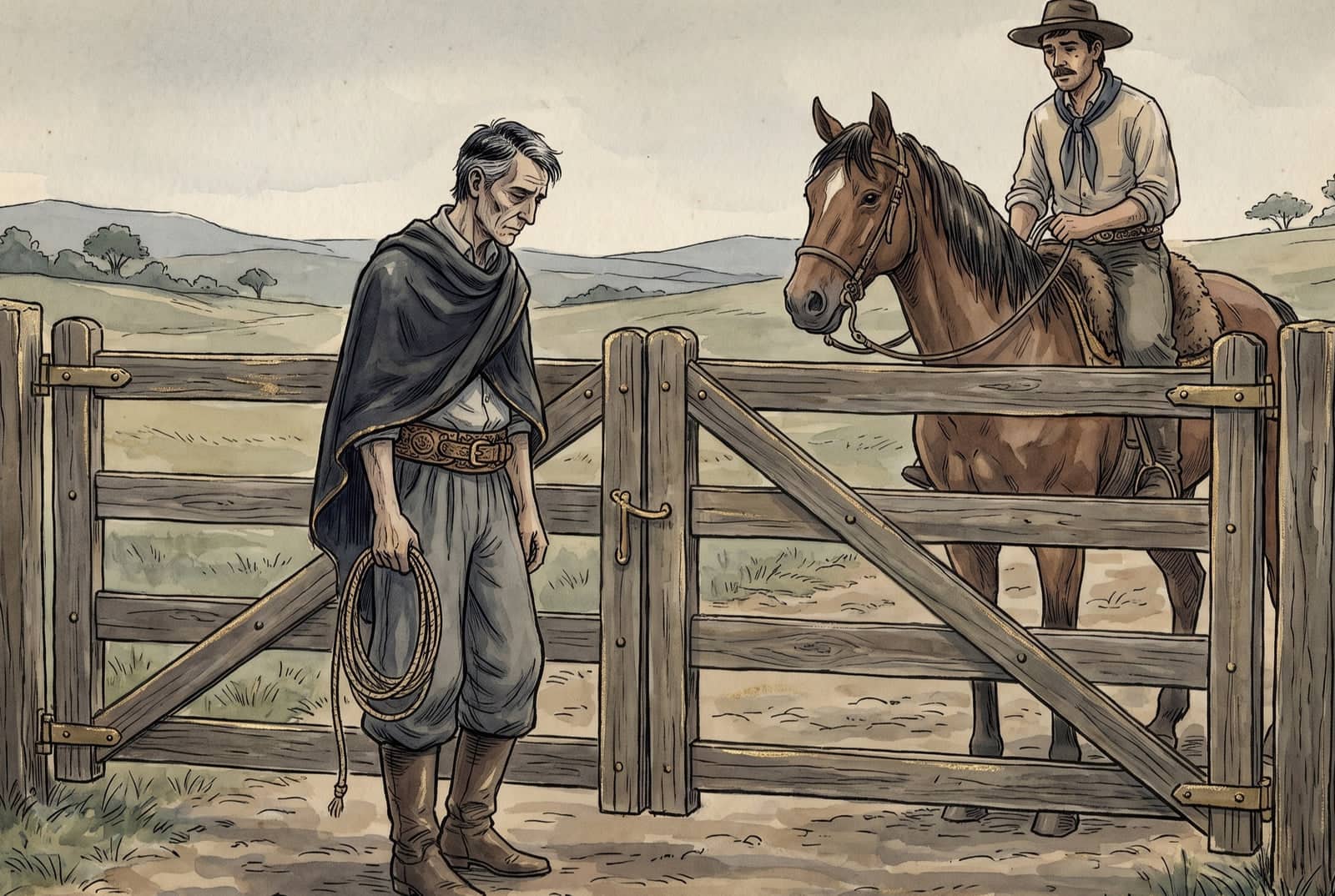 Anacleto, magro e de olhos baixos, está junto da porteira com um laço enrolado na mão, enquanto um peão a cavalo o observa numa tarde cinzenta.