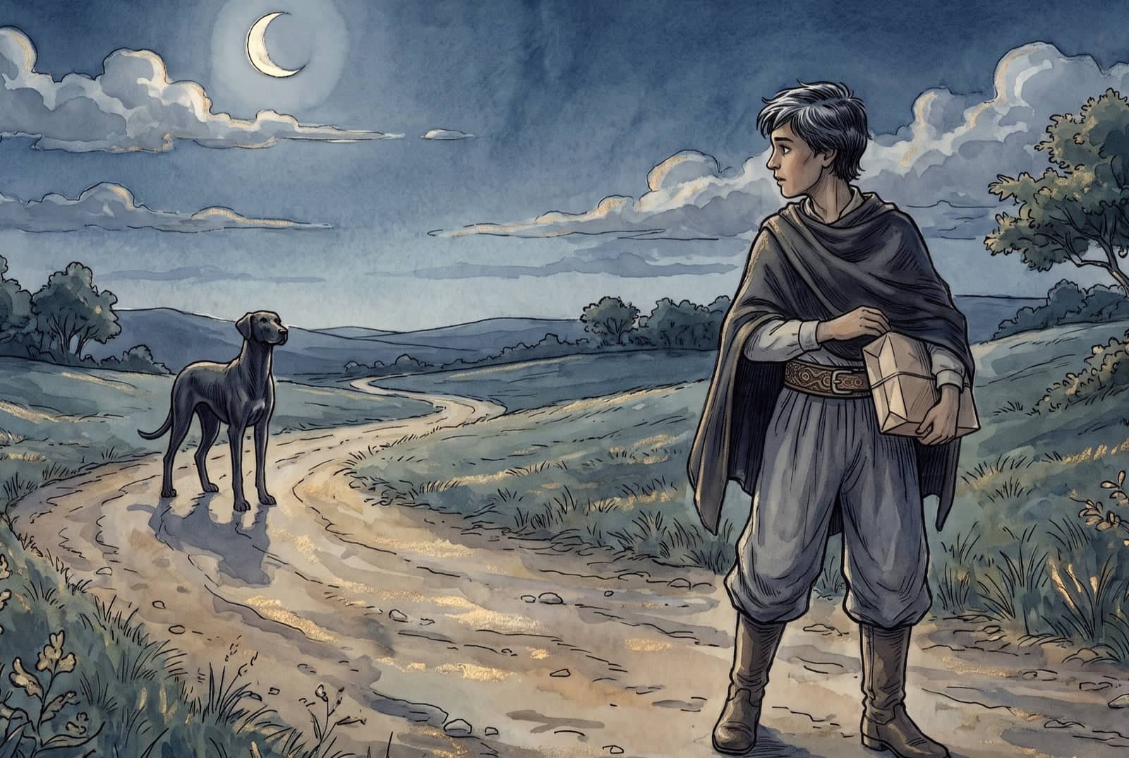 Na estrada de terra ao luar, um rapaz de poncho com um embrulho debaixo do braço olha para trás; bem longe, atrás dele, um cão preto e magro observa, parado.