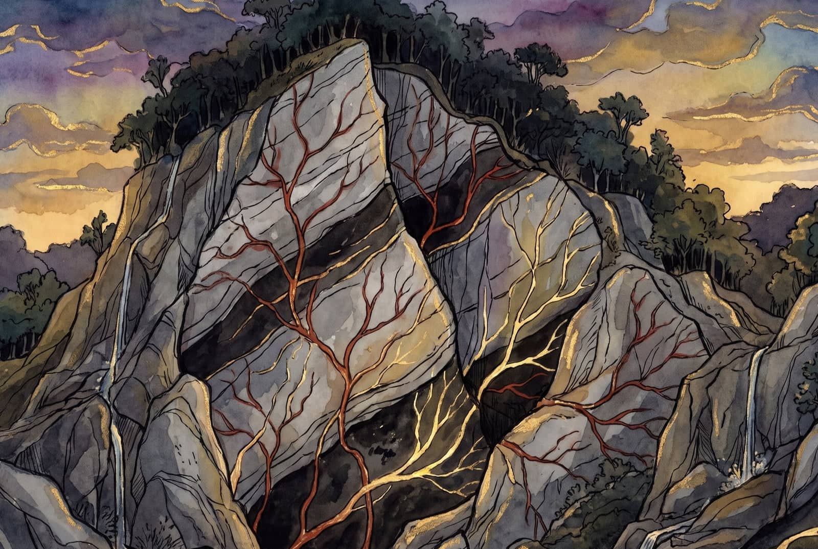 Um serro de pedra cinzenta coroado de matos, ao entardecer, com veios vermelhos de ferro e veios amarelos de ouro que se ramificam pela rocha como nervos.