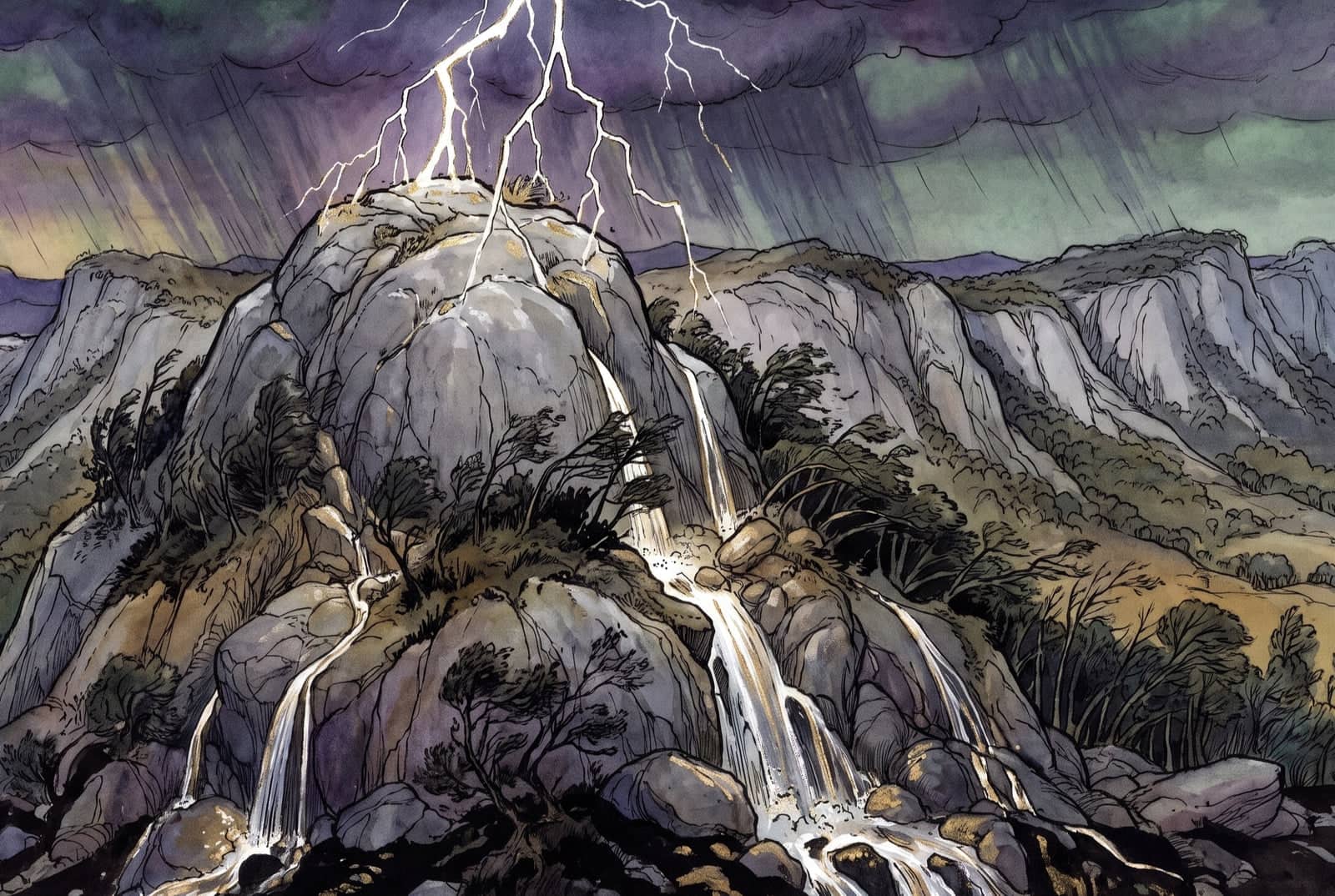 Numa trovoada, vários raios caem ao mesmo tempo sobre um serro sozinho; o vento verga as árvores, a chuva cai de lado e a água desce pela pedra.