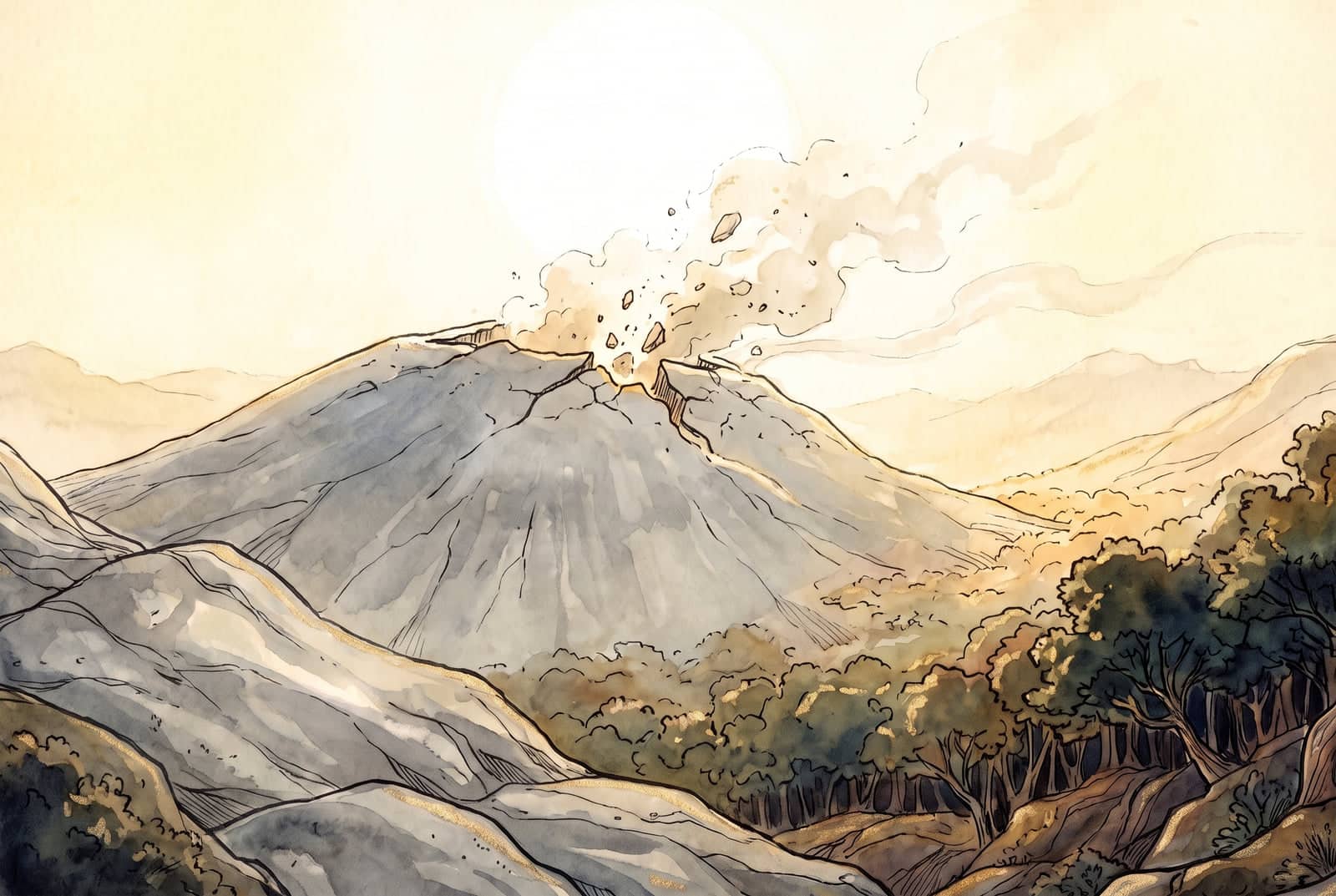 Ao meio-dia, sob um sol branco que ofusca, o topo de um serro cinzento se abre numa rachadura e solta uma nuvem de poeira e pedras que voa para a direita.