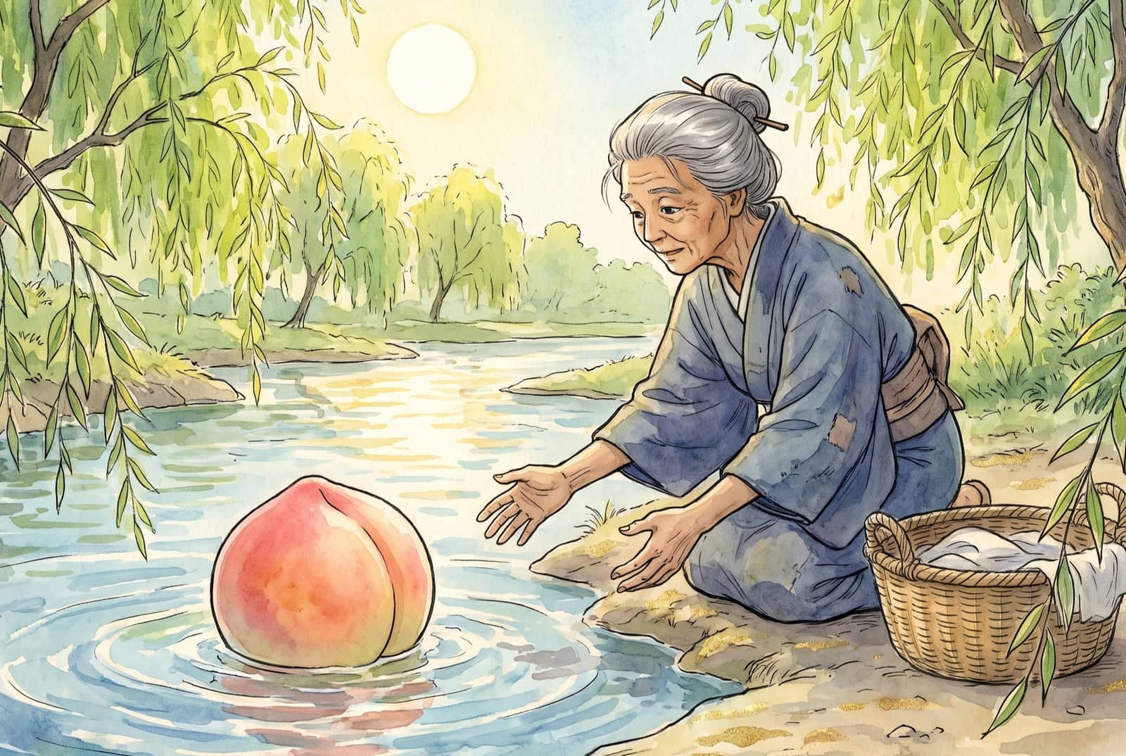 Una anciana de kimono azul, arrodillada en la orilla entre sauces junto a su canasta de ropa, estira las manos hacia un durazno gigante que flota en el río.