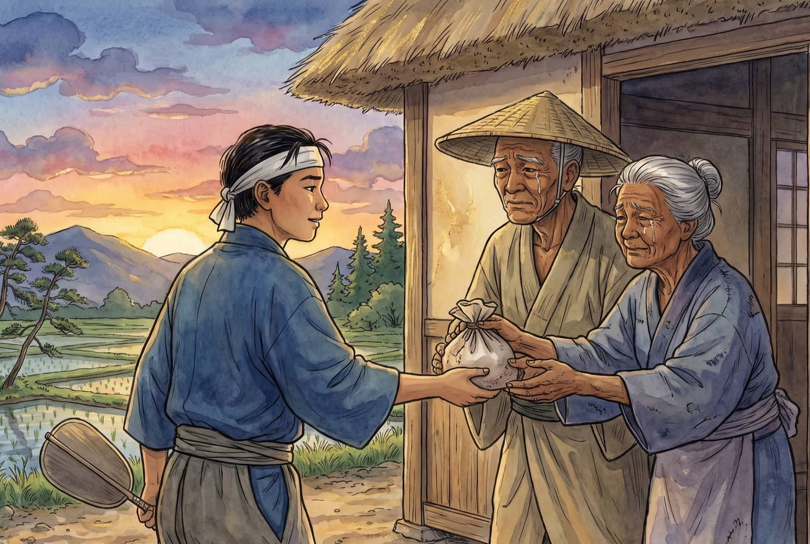 Two old people with tears on their faces hand a white cloth bundle from a thatched doorway to a boy in a blue jacket, sunset over the rice fields behind him.