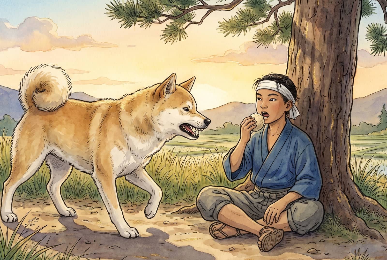 A big cream and tan dog bares its teeth at a boy sitting under a pine by the road, a rice cake halfway to his mouth, green fields and hills behind.