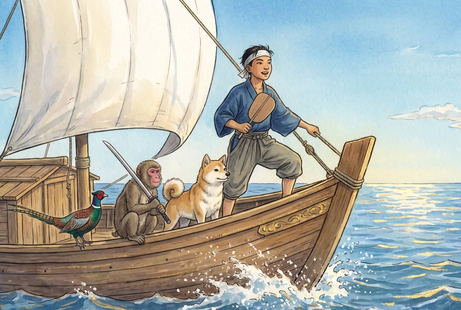 A boy at the bow of a small sailing ship holds an iron fan and a rope; a monkey grips a sword, a dog stands beside him, a pheasant perches at the stern.