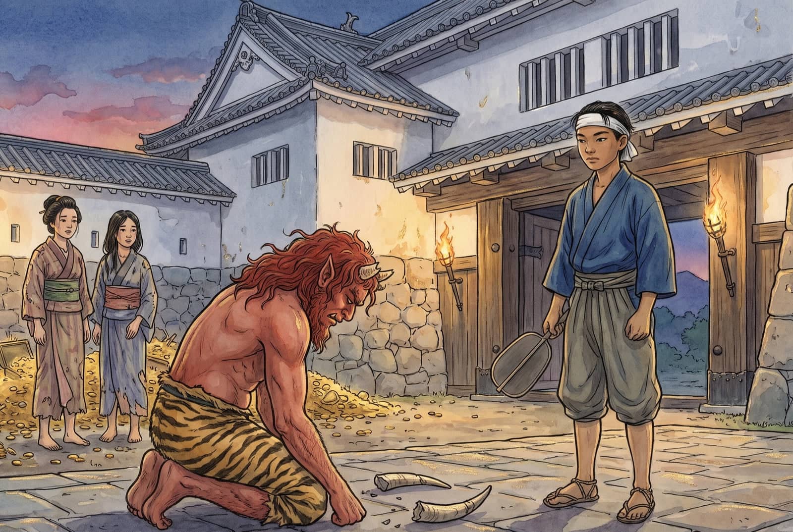 A red horned devil kneels with his head down before a boy holding an iron fan, two broken horns on the stones between them, two women standing free among gold.