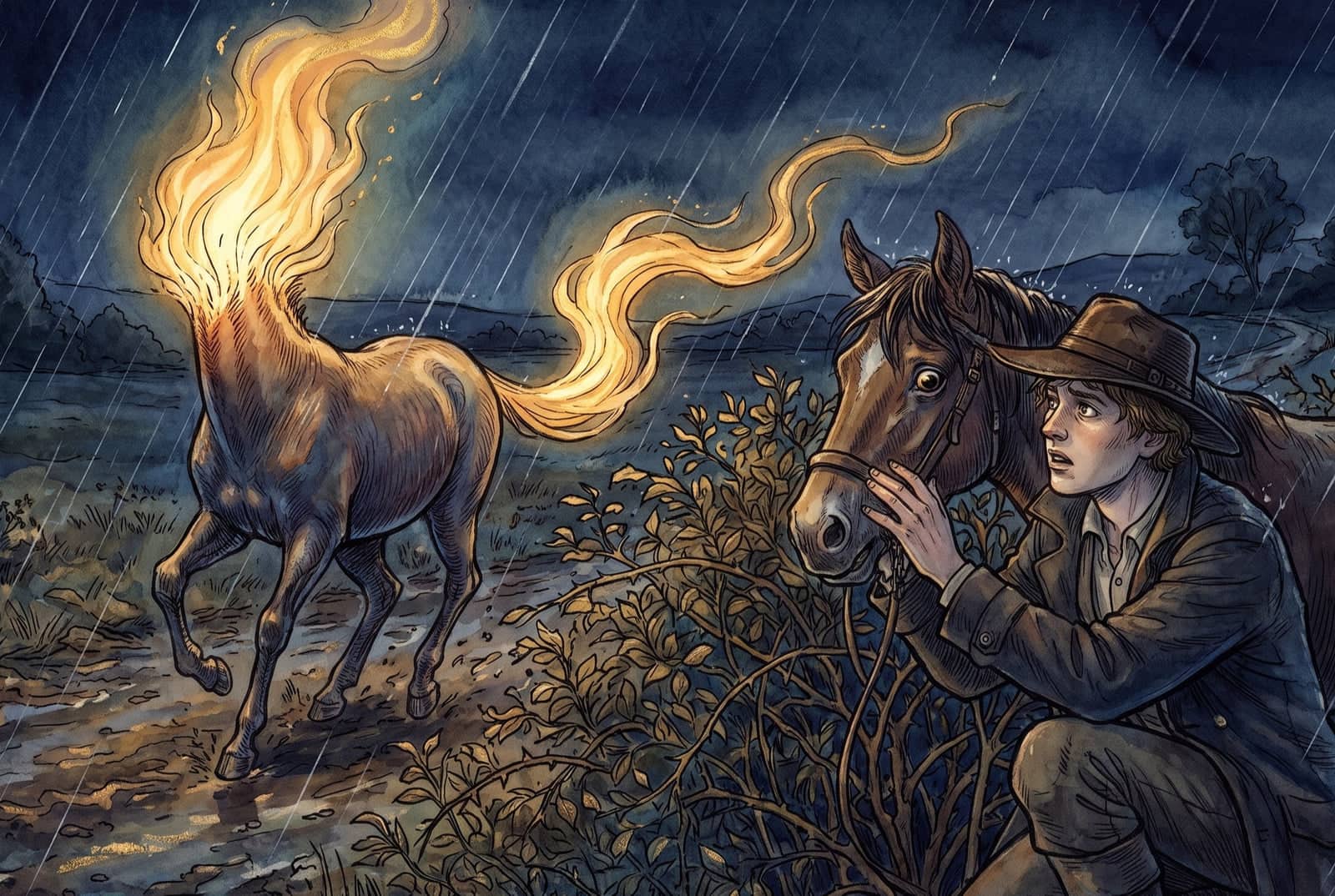 Na chuva da noite, uma mula corre pela estrada com uma chama alta no lugar da cabeça e fogo na cauda; atrás de uma moita, o rapaz segura a cara do cavalo.