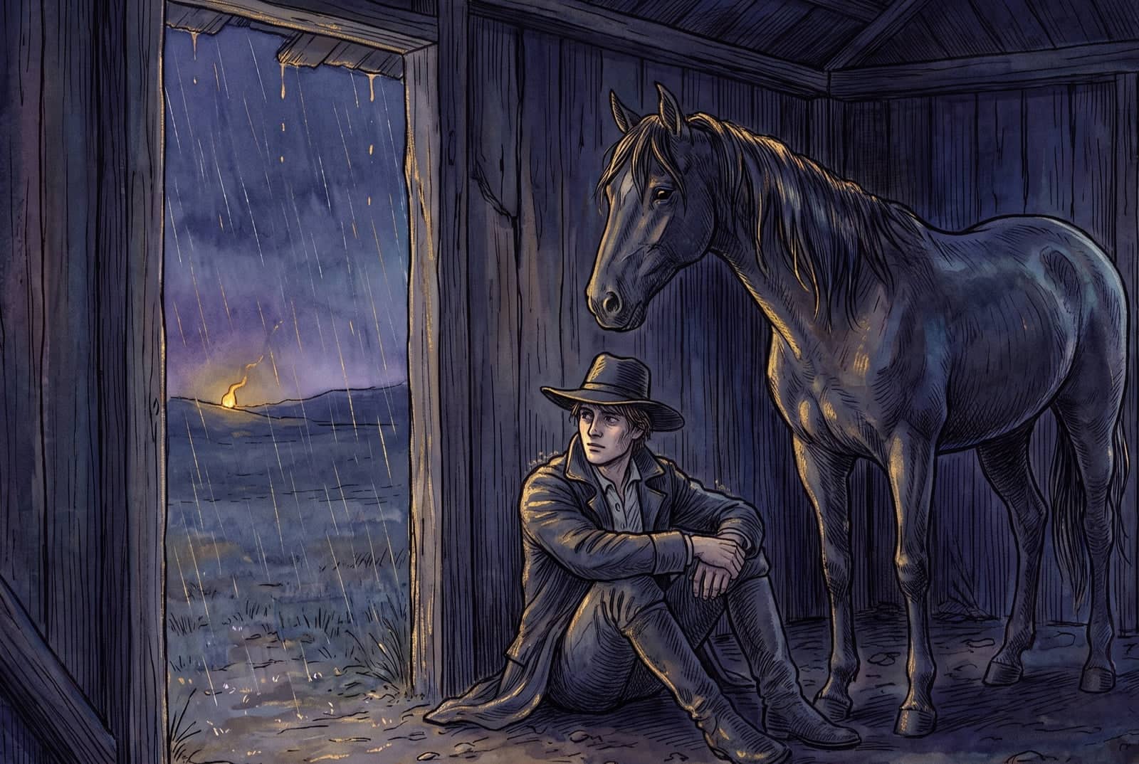 Dentro de um rancho escuro, o rapaz sentado no chão abraça os joelhos e olha pela porta aberta; ao lado o cavalo, e longe, na chuva, uma chama pequena.