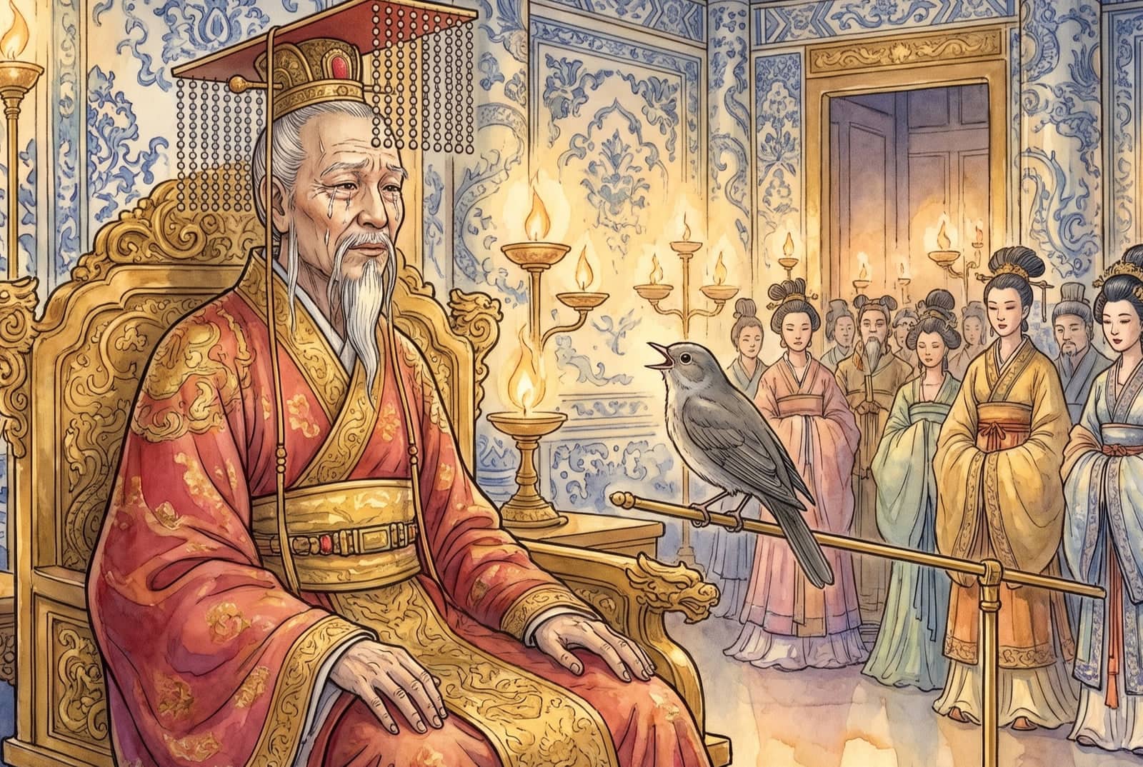 O velho imperador, de coroa de contas e traje vermelho e dourado, chora no trono enquanto um passarinho cinzento canta num poleiro de ouro diante da corte.