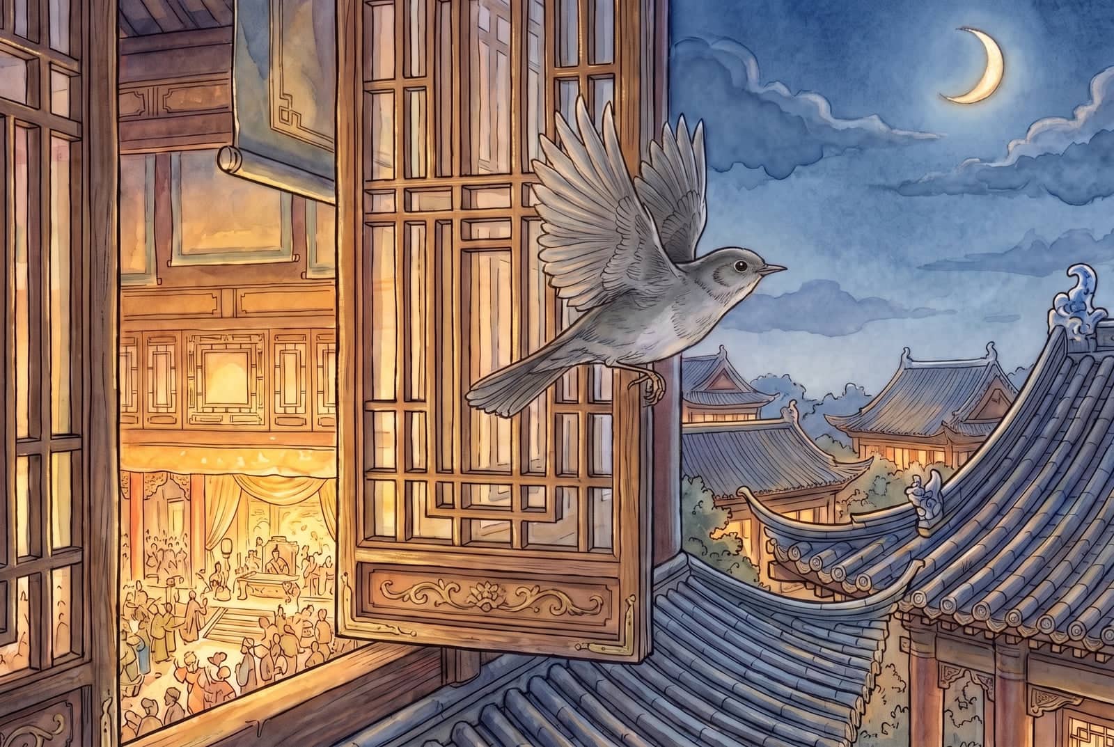 Un pajarito gris sale volando por una ventana de celosía hacia los tejados curvos y la luna creciente, mientras detrás brilla la sala llena de gente.
