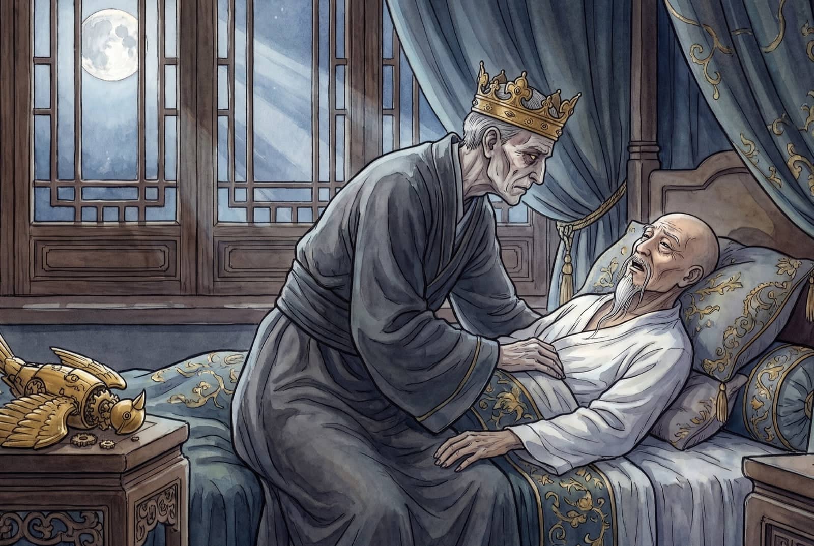 Ao luar, um velho magro e sério, com a coroa de ouro do imperador, se debruça sobre o doente que ofega; ao lado, o pássaro de ouro tombado entre rodinhas.