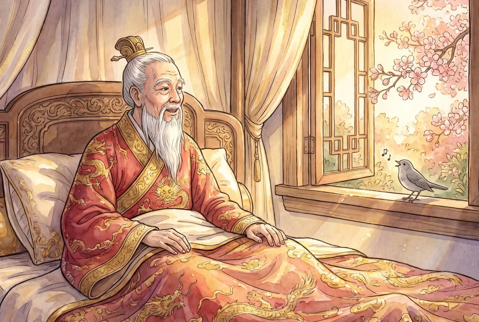 Ao sol da manhã, o imperador está sentado na cama, de novo com seu traje vermelho e dourado, e olha o passarinho cinzento que canta no peitoril, entre flores.