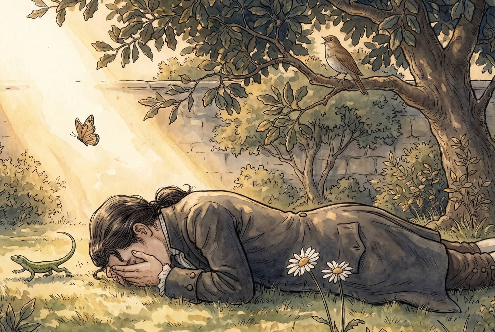 A dark-haired young man lies face down on the grass, hands over his face; a lizard runs past, a butterfly flutters, and a brown bird watches from a branch.
