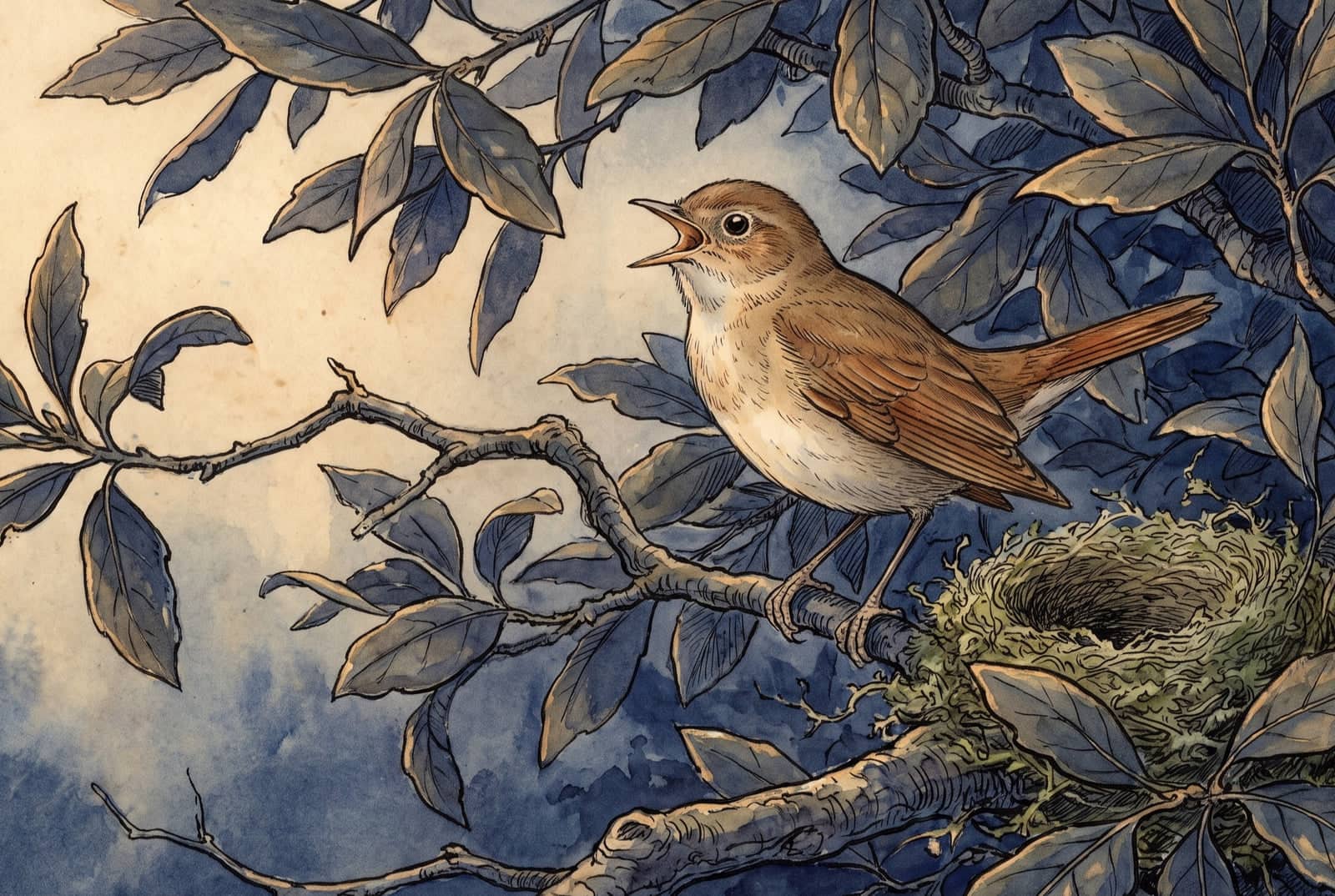 In the dark leaves of an evergreen tree, a small brown bird with a pale breast sings with its beak wide open beside an empty nest of green moss.