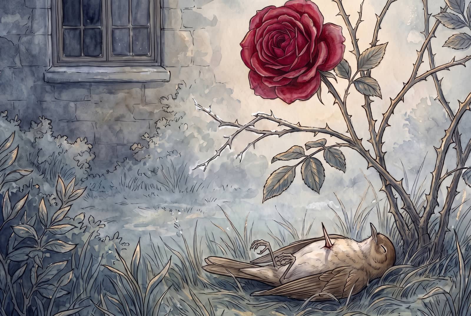 At dawn a brown bird lies dead on its back in the long grass, a thorn in its breast, beneath a thorny rose-tree with one open rose, crimson in every petal.
