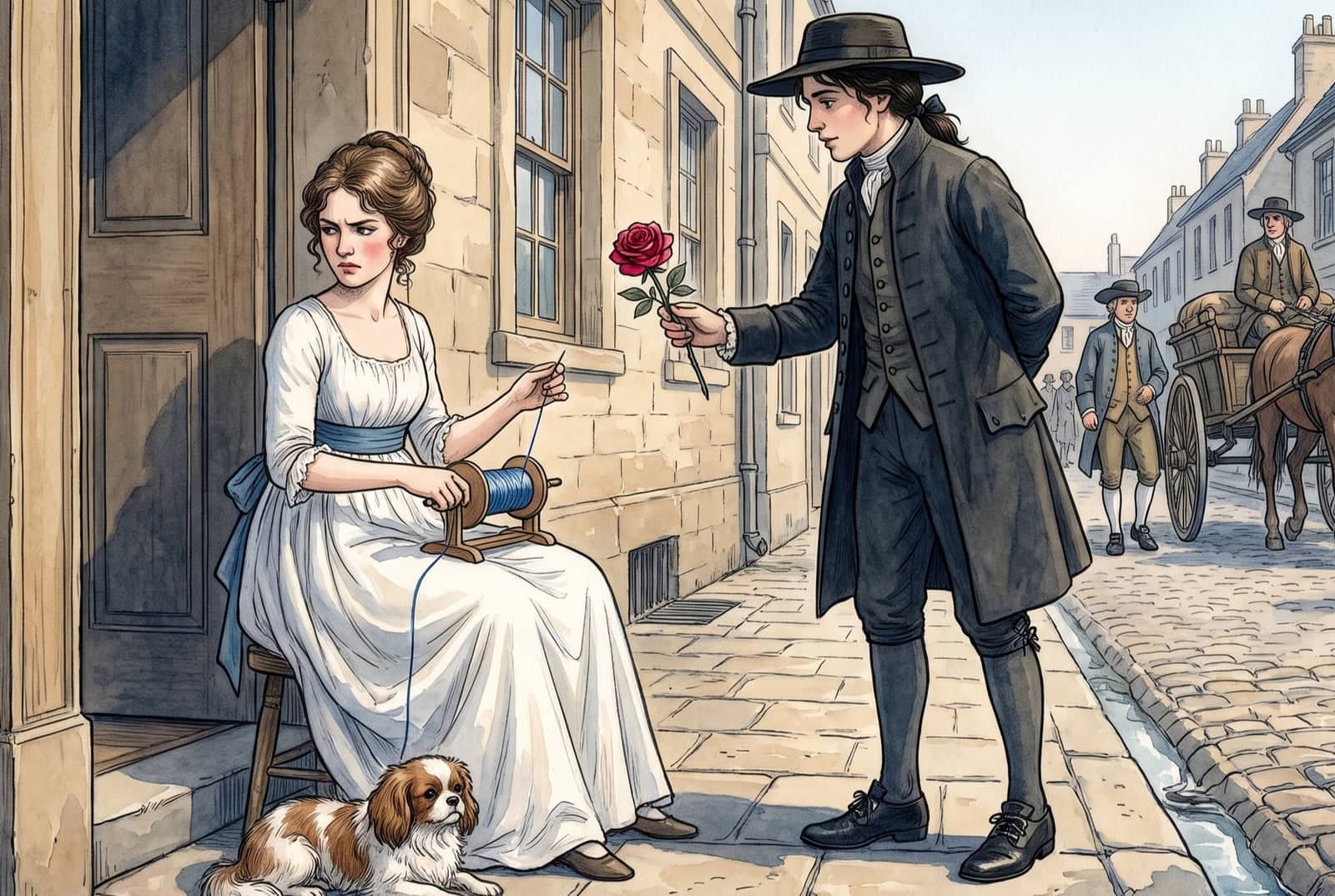 A young man in a hat and long dark coat holds out a red rose to a frowning girl in a white dress winding blue silk in a doorway, a little dog at her feet.