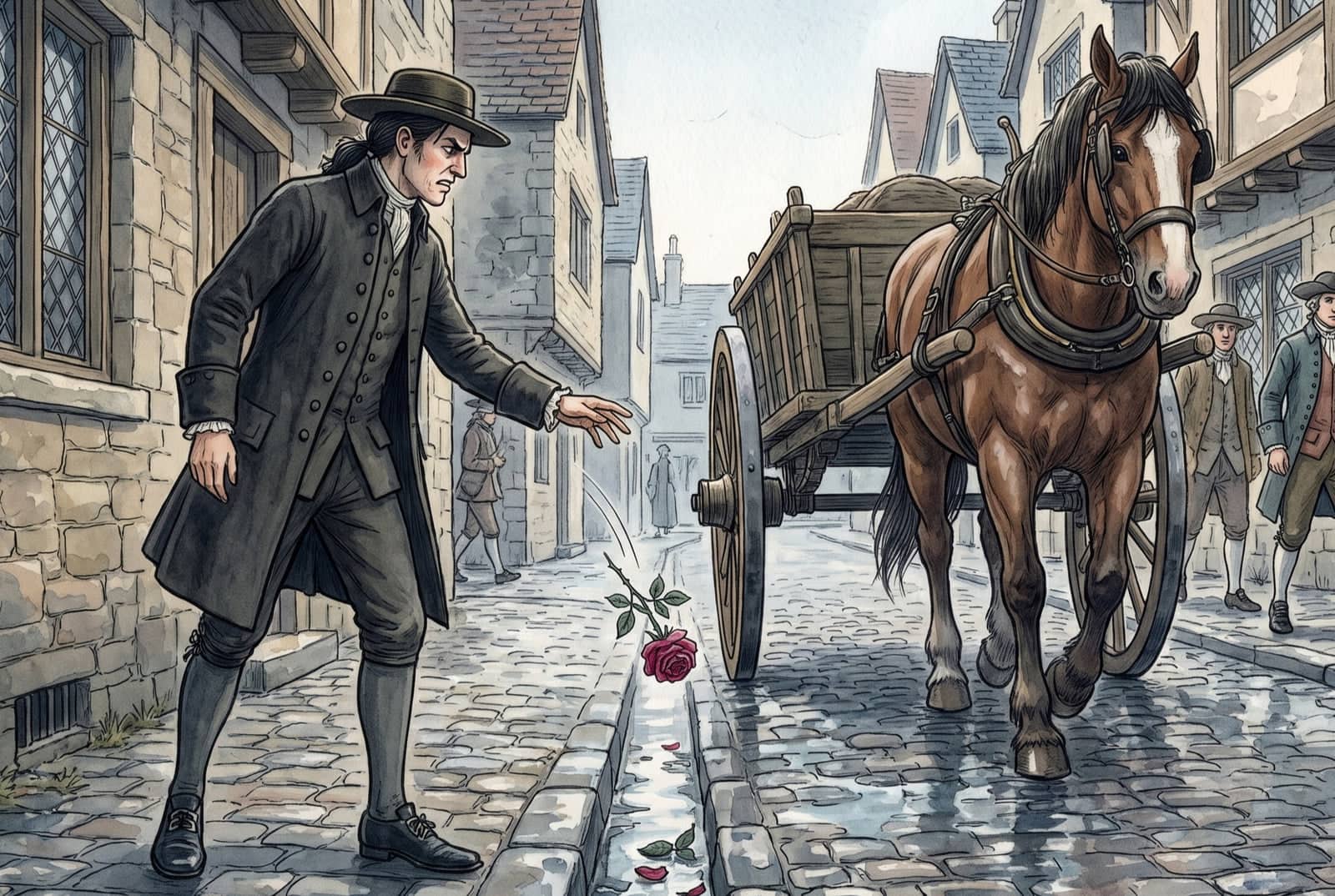 On a wet cobbled street, the scowling young man flings a red rose into the gutter as a brown horse pulls a heavy wooden cart toward the same spot.