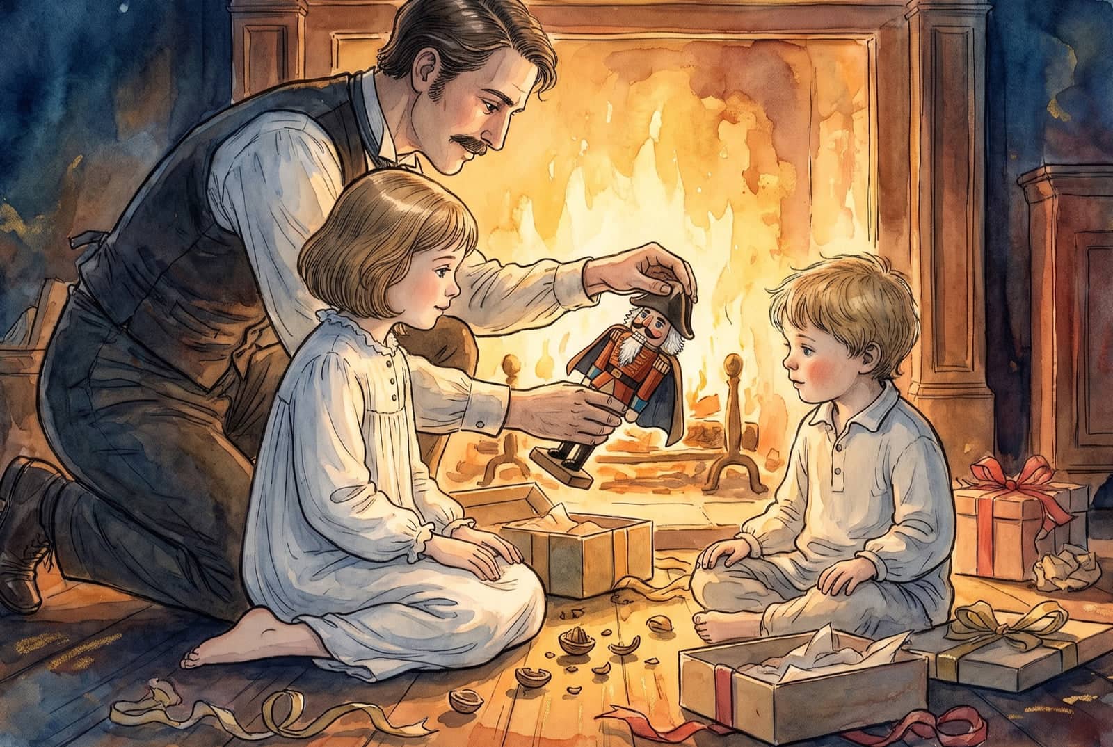 A father kneels by the firelit hearth holding the little nutcracker up for his daughter and his small son, cracked shells and open boxes on the floor.