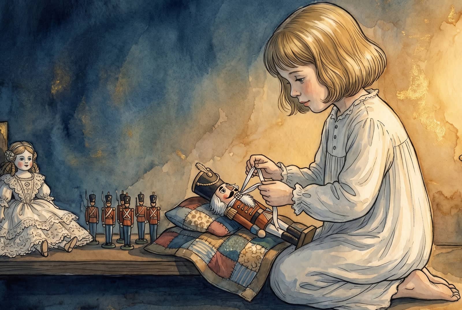 The girl kneels in her nightgown tying a white ribbon under the nutcracker’s chin as he lies on a patchwork quilt, a lace doll and tin soldiers nearby.