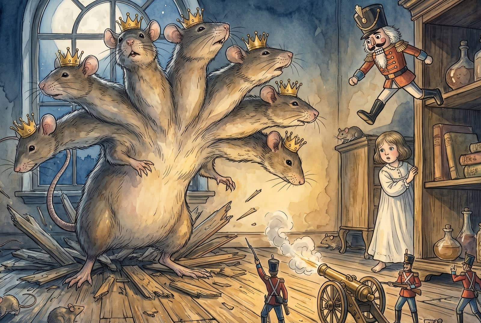 Seven crowned mouse heads on one body rear up as tin soldiers fire a cannon, the nutcracker leaps with empty hands, and the girl watches wide-eyed.