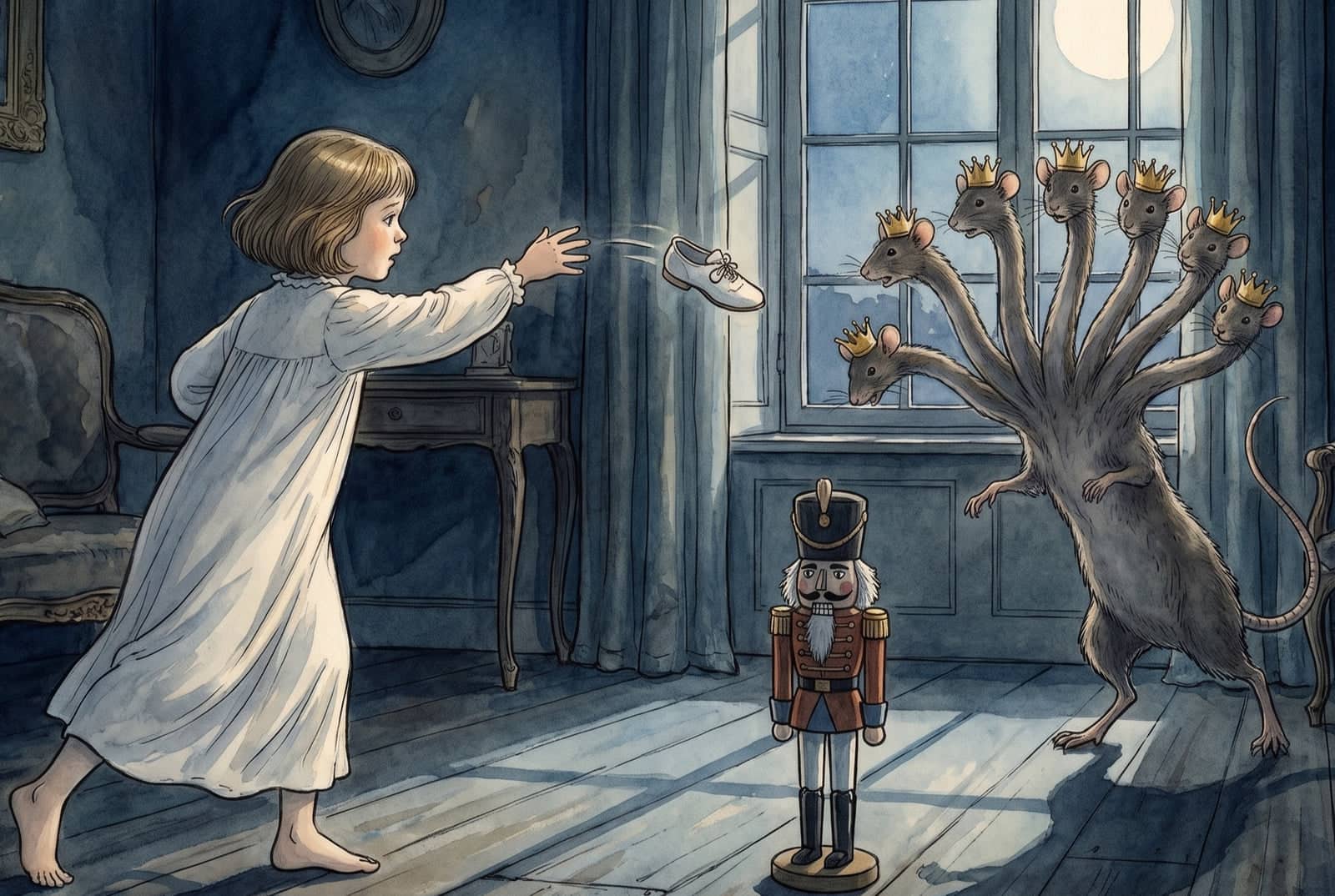 In a moonlit room the girl flings a white shoe at the seven-headed mouse by the window, the small nutcracker standing stiffly between them on his stand.