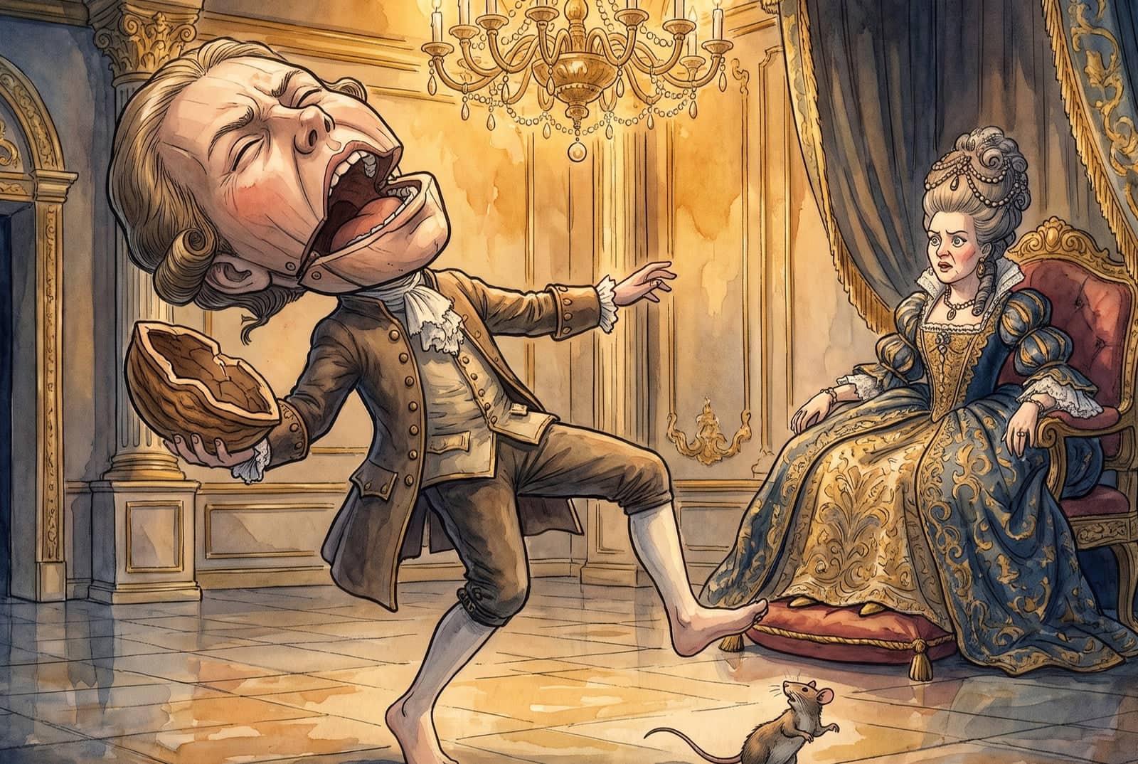A young man with shut eyes cries out through a huge hinged jaw, a cracked walnut in his hand and bare feet on the floor, as a princess watches from her chair.