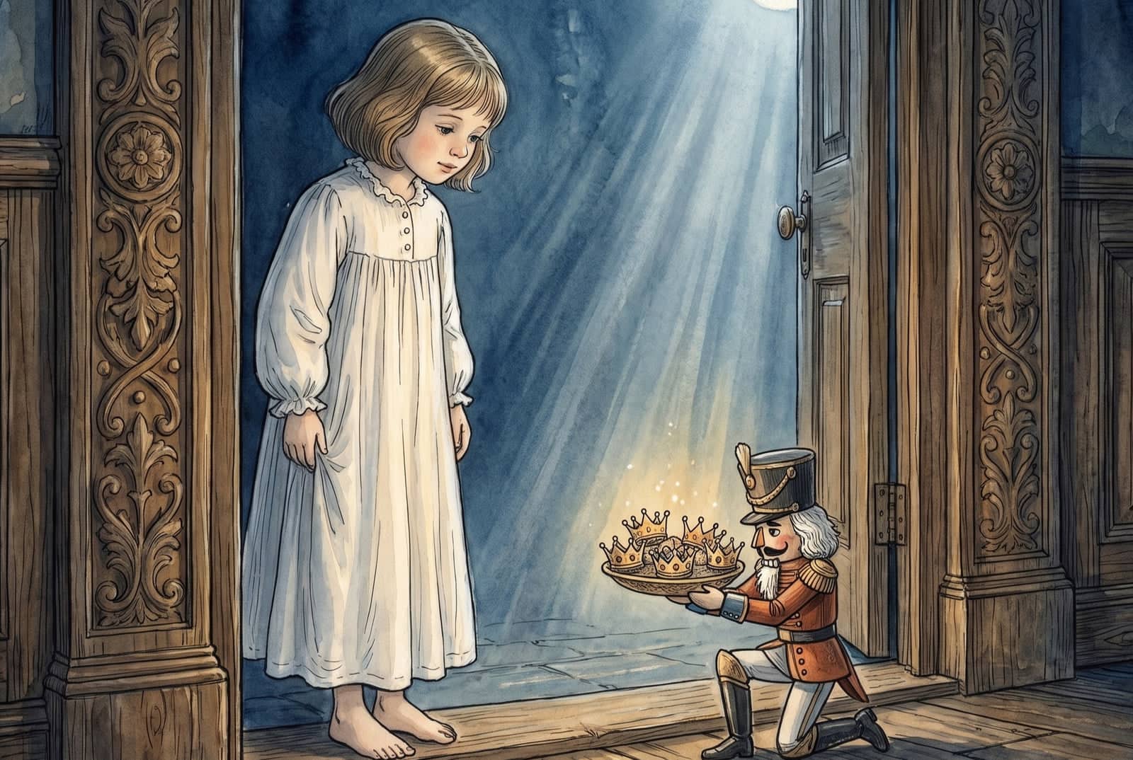 The nutcracker kneels on one knee in a moonlit doorway, holding up a dish of little gold crowns to the barefoot girl in her nightgown, who looks down at him.