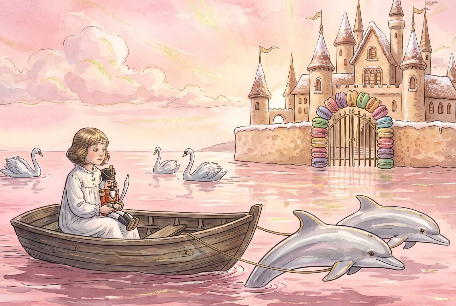 The girl sits in a wooden boat with the nutcracker in her lap while two dolphins tow it over a pink lake, past swans, toward a pale castle.