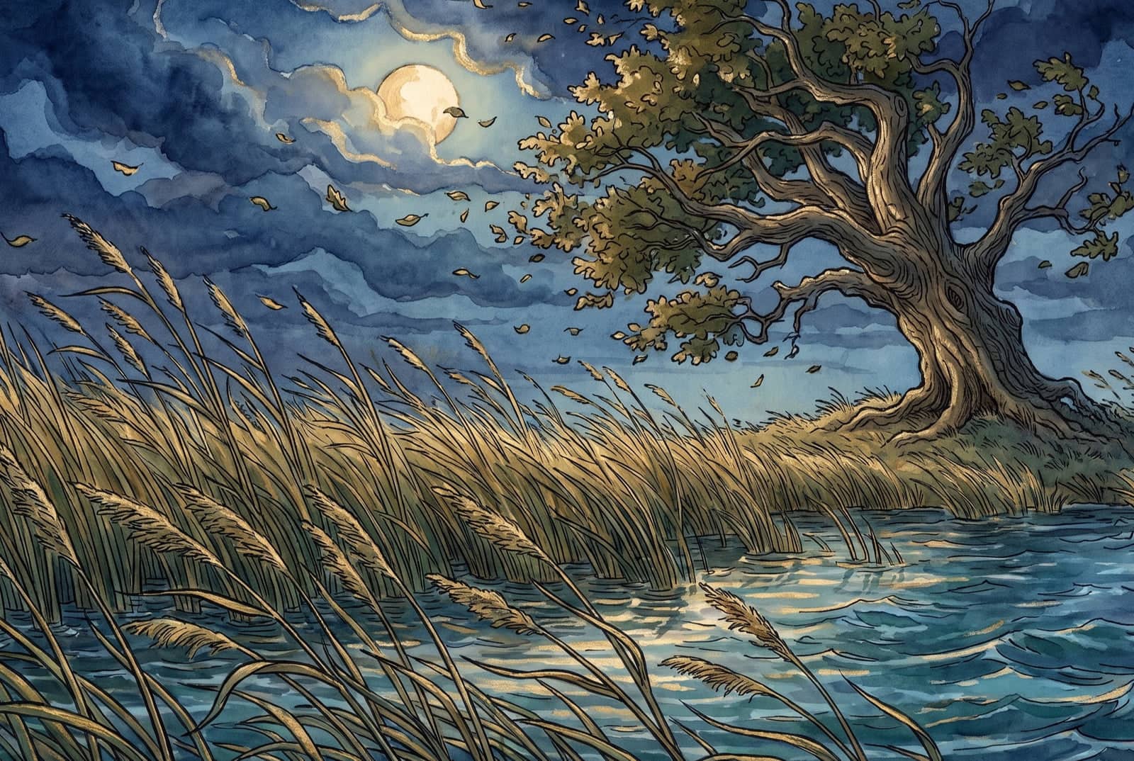 Reeds bend far over the water in the gale, none of them broken, while behind them the oak still stands, its branches thrashing under a moon in torn cloud.