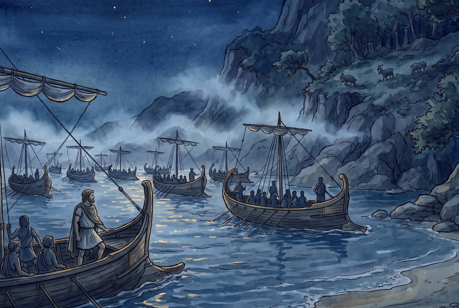 At night a fleet of ships with sailors aboard glides through mist into a quiet harbor below a wooded cliff where goats graze.