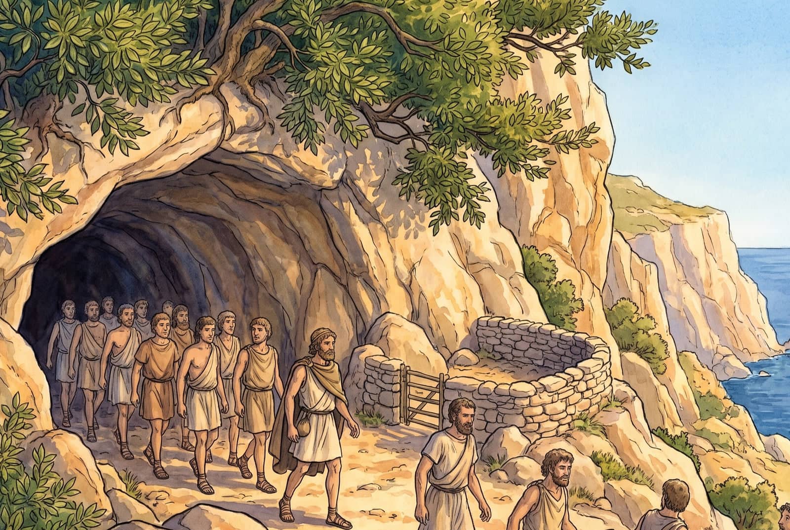 En plein soleil, Ulysse et ses compagnons en tunique passent devant une haute caverne ombragée de lauriers, près d’un enclos de pierres, au-dessus de la mer.