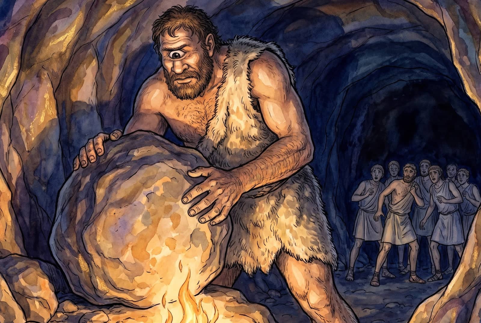 In firelight a huge giant with one eye in the middle of his forehead heaves an enormous stone, while a group of frightened men huddle behind him.