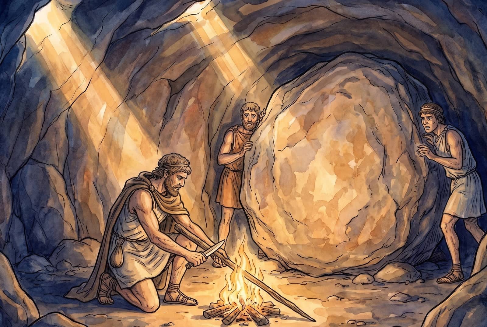 Kneeling by a small fire, a bearded man sharpens a long wooden stake with a knife as two men watch by a huge boulder, sunlight slanting into the cave.