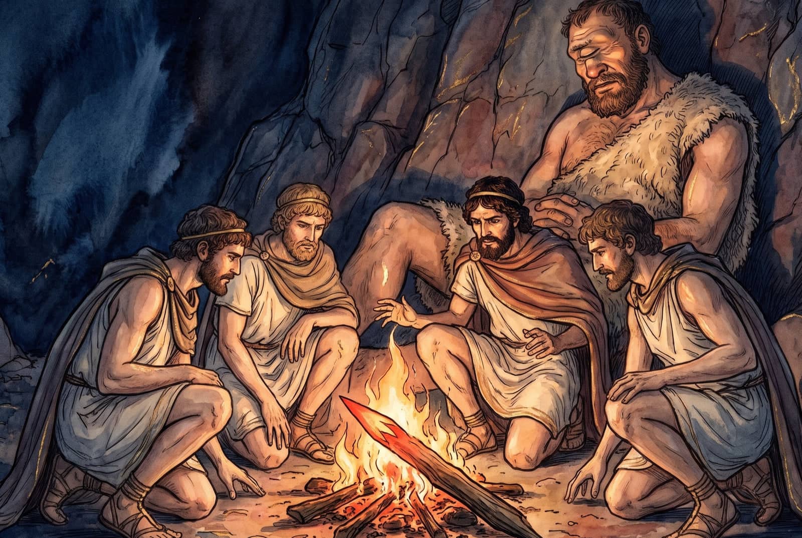 Quatre Grecs sont accroupis autour du feu, où rougeoie la pointe du pieu, pendant que le Cyclope, l’œil unique fermé, dort assis contre la paroi de la caverne.
