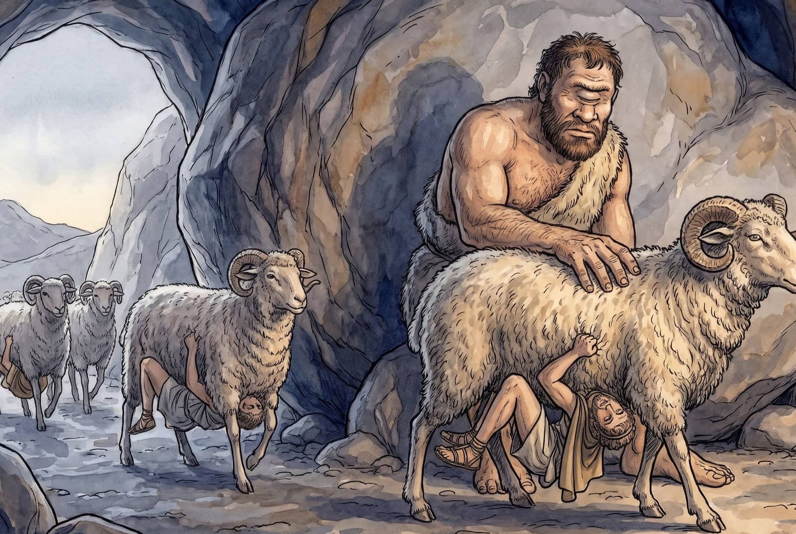 Le Cyclope, son œil unique fermé, pose la main sur le grand bélier sous le ventre duquel Ulysse s’agrippe, un compagnon caché sous un autre bélier.