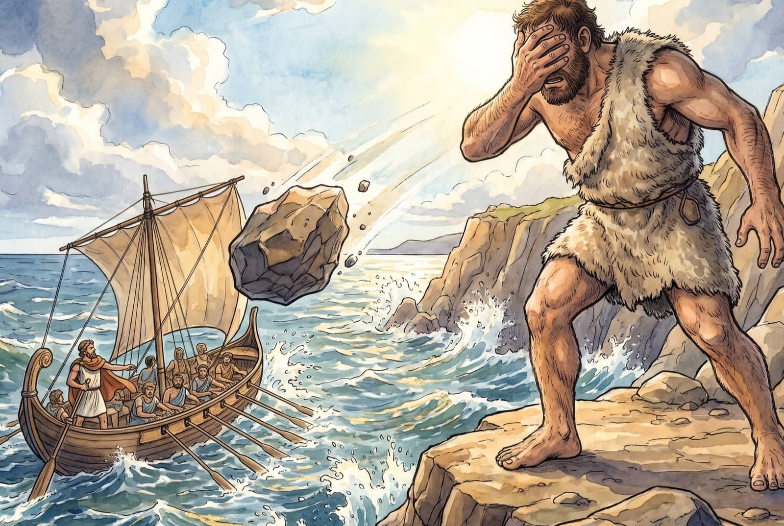 A hand pressed over his face, the Cyclops stands on a rocky cliff as a huge rock flies toward a ship whose men row hard across the sea.