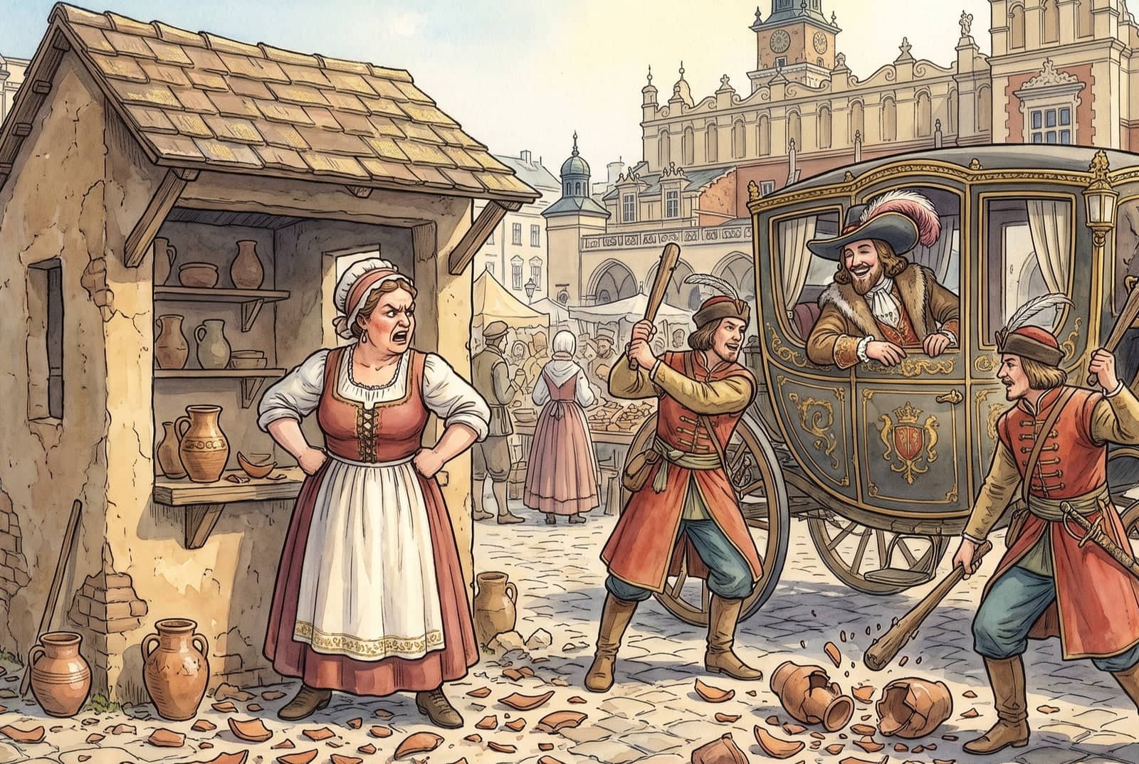 Na krakowskim rynku rozgniewana kobieta stoi przed glinianym domkiem z garnkami, słudzy tłuką kijami dzbany, a pan w kapeluszu z piórami śmieje się w karecie.