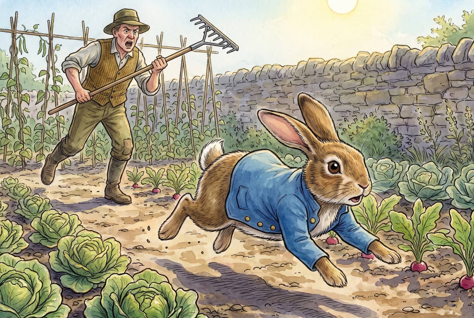 Mr. McGregor runs after Peter with a raised rake, shouting, while Peter bolts past rows of cabbages in his blue jacket.