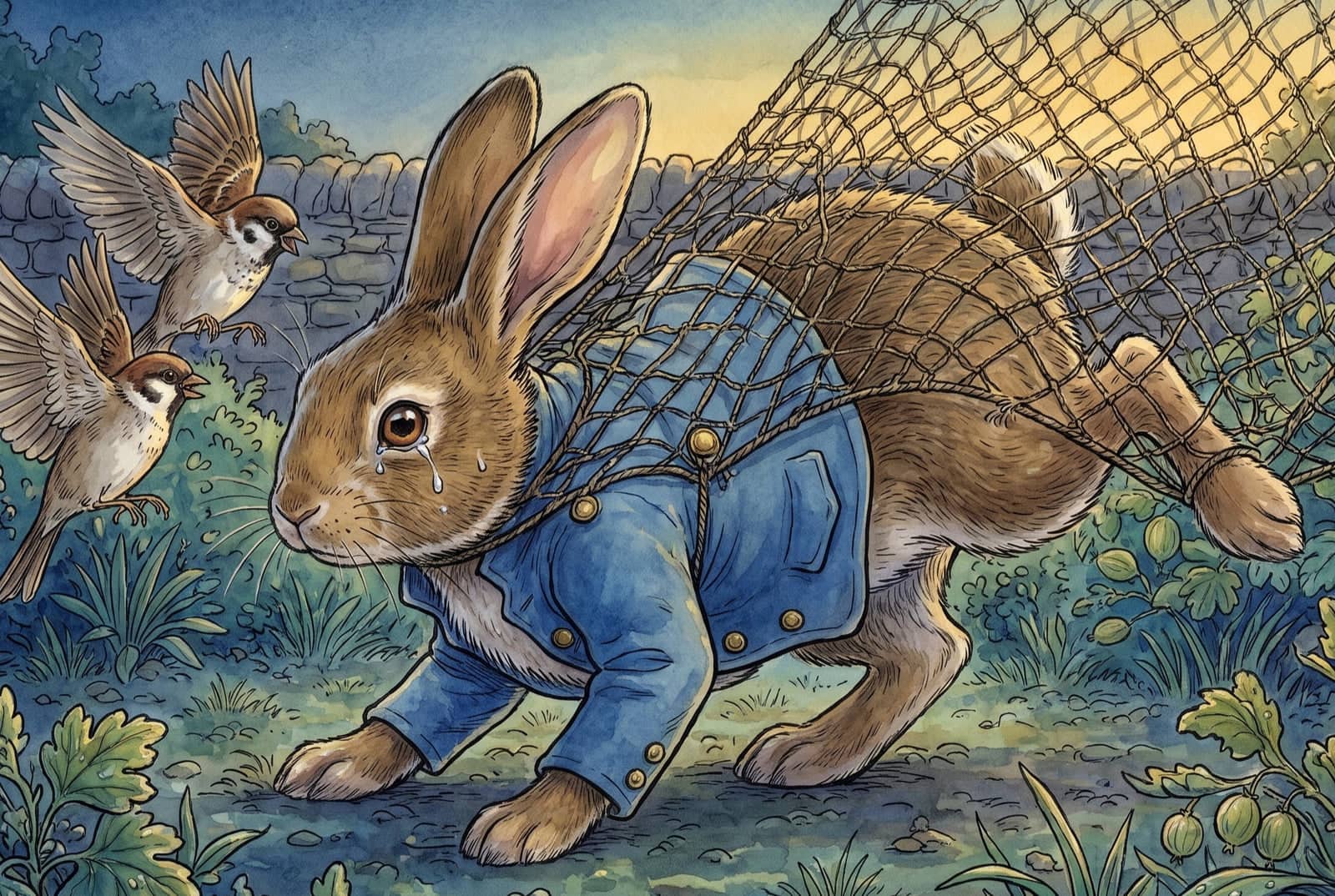 Caught in a gooseberry net drawn taut over his back and hooked on his jacket buttons, Peter twists sideways in tears while two sparrows flutter close.