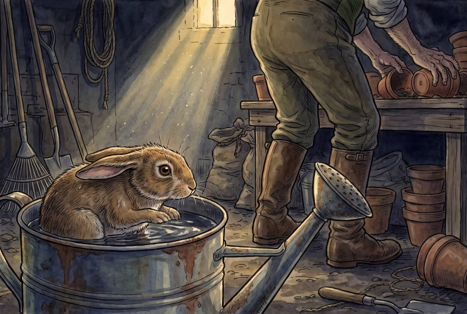 In the dim tool shed Peter crouches in a can half full of water, peeping over the rim, while Mr. McGregor, seen from the waist down, turns pots on the bench.